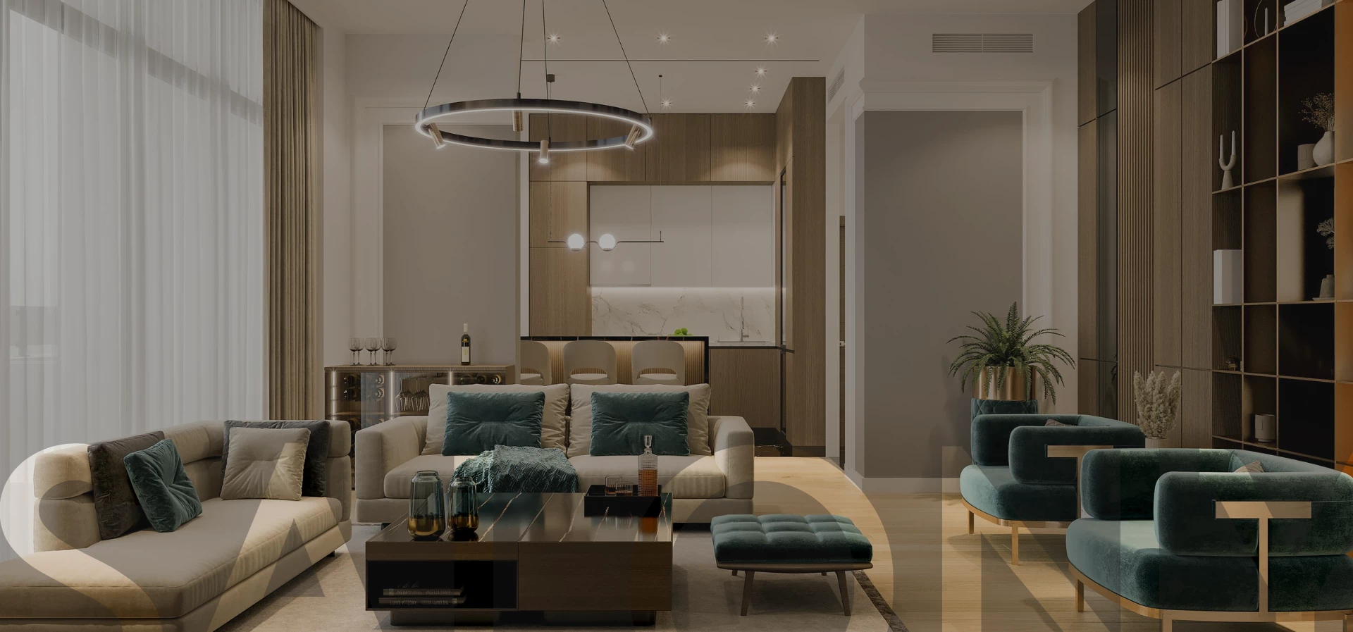 Salon z zielonymi dodatkami